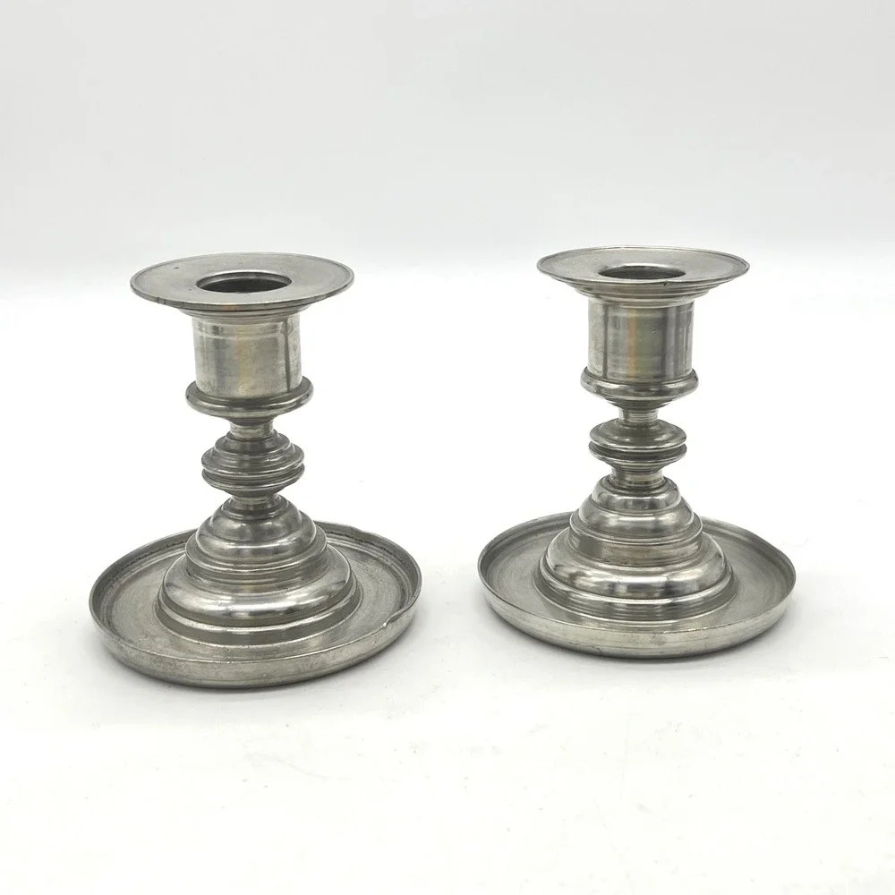 Vintage Pewter Candlestick Holders Pair Baluster Stem Weighted Metal